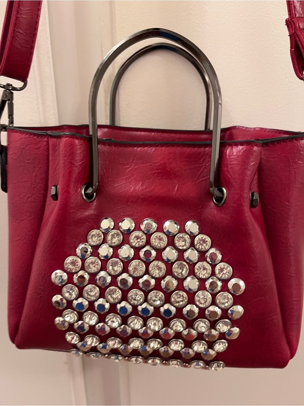 Deep Red Convertible Mini Tote/Crossbody Bag with Crystal Studs